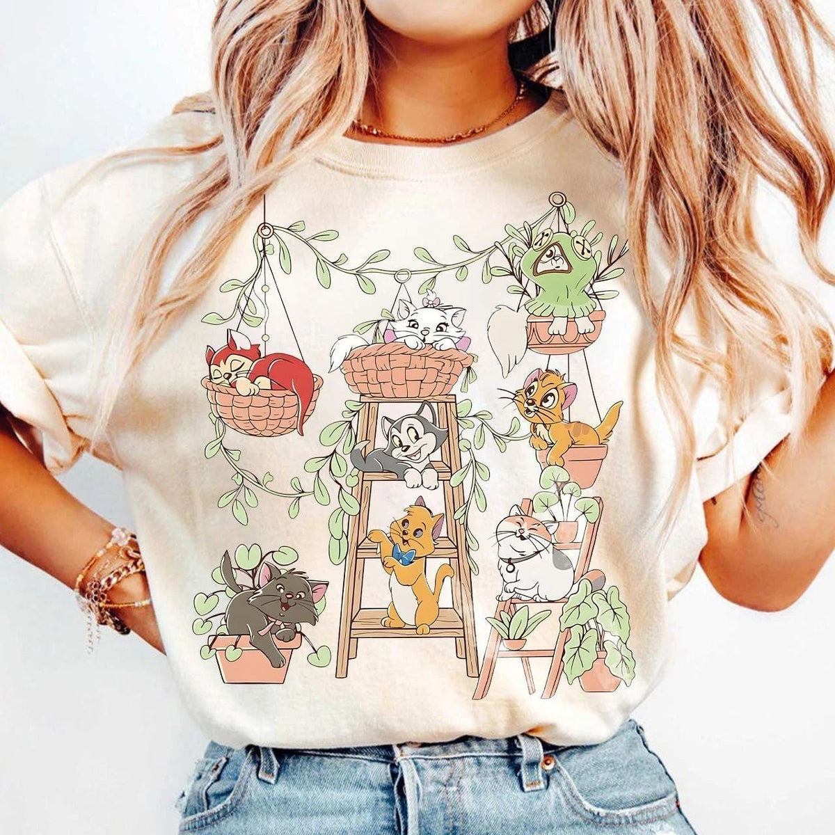 Retro Cats Potted Plants Shirt, Cute Kitten Friends Tee Unisex