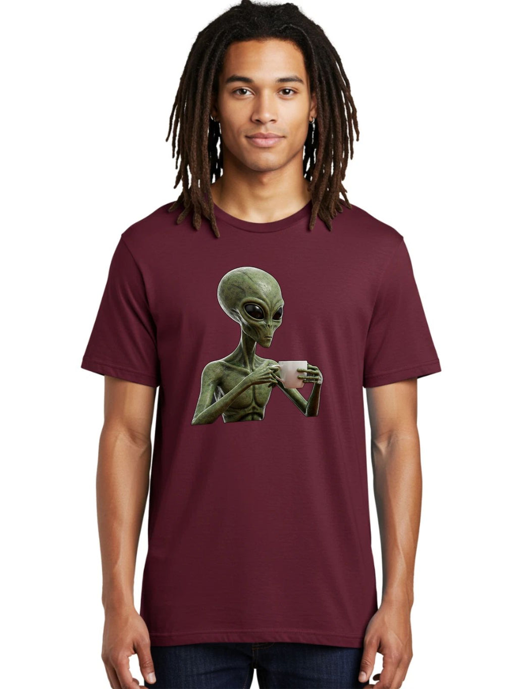 Alien-Drinking-Coffee-1 Mens Graphic Tee, 100% Cotton, Casual Summer Wear Unisex