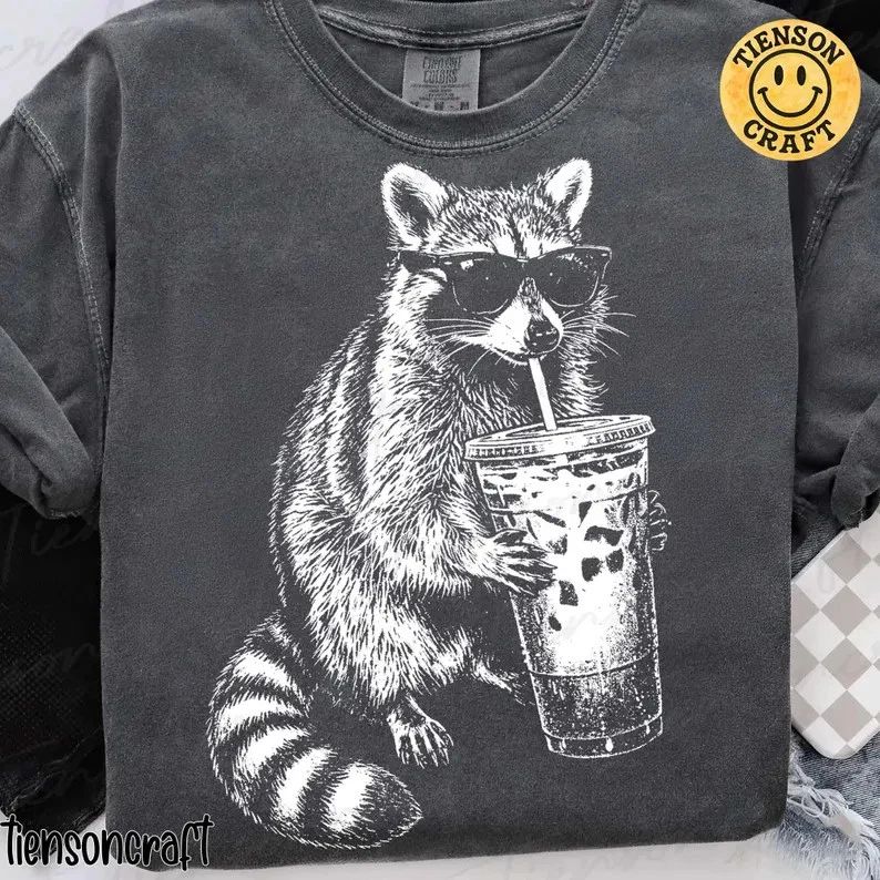 Retro Raccoon Drinking Iced Coffee Aesthetic Comfort Tee Unisex