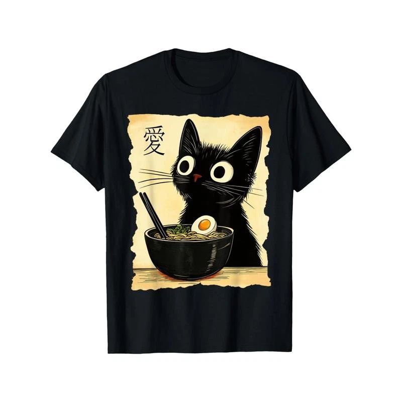 Men's Kawaii Anime Cat & Ramen Graphic - Japanese-Inspired Funny Design Unisex