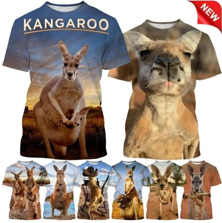 Summer Kangaroo Round Neck 3D Print Women Men Short Sleeve Tops Casual Unisex