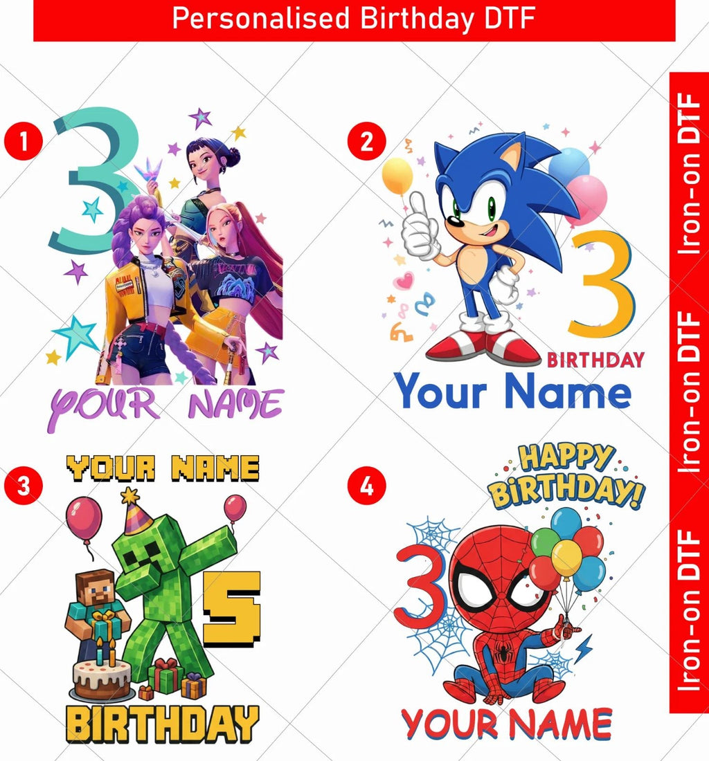 Personalised Birthday DTF Iron-On Transfer Custom Name Age Sticker Boys Unisex
