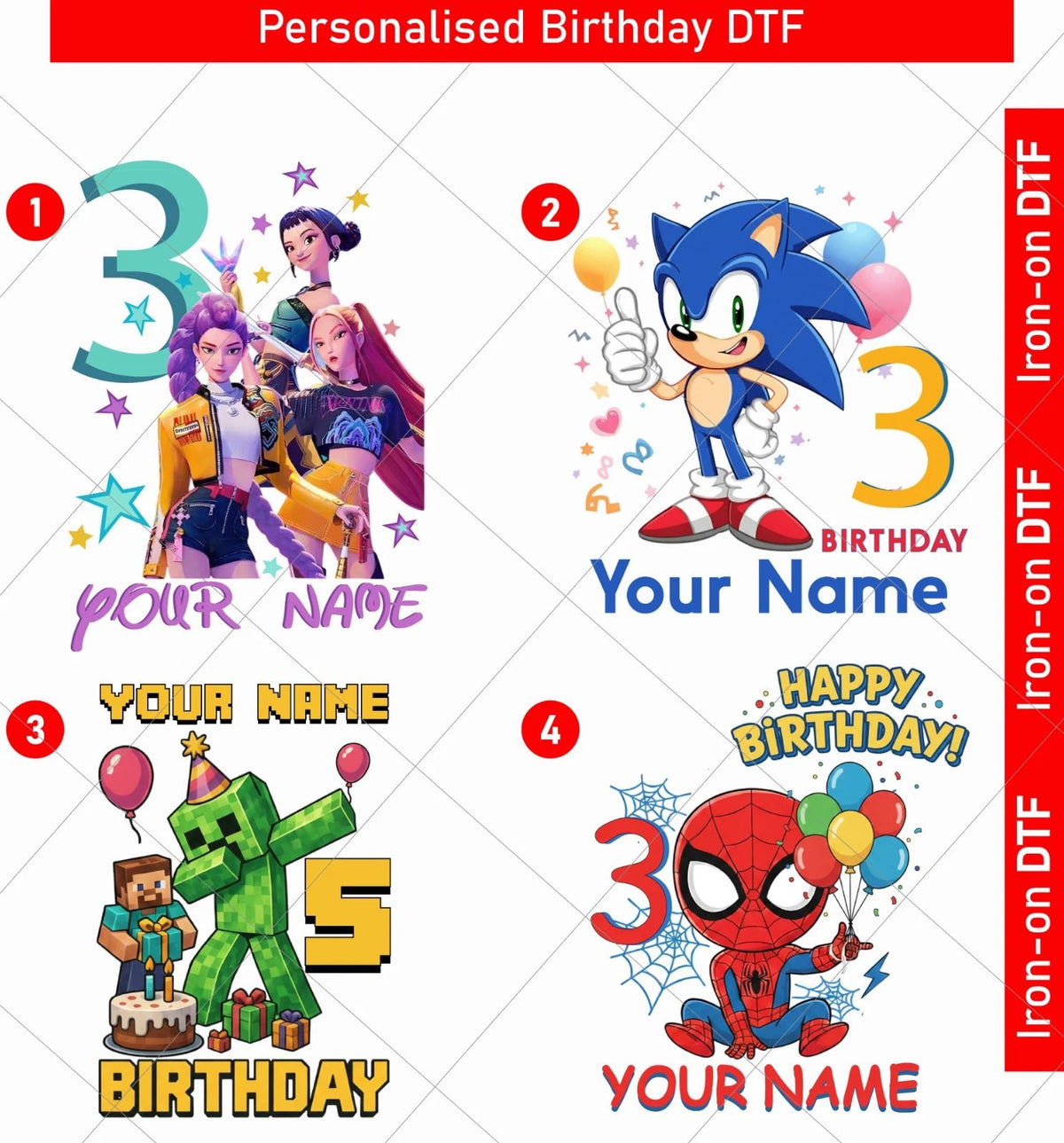 Personalised Birthday DTF Iron-On Transfer Custom Name Age Sticker Boys Unisex