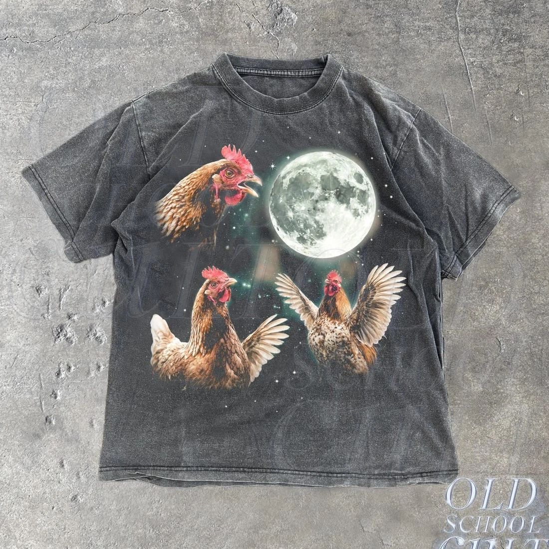 Chicken Howling at Moon Vintage 90s Graphic Shirt, Retro Farm Hen Galaxy Unisex