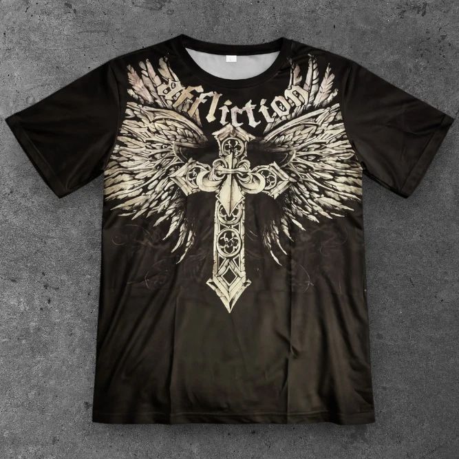 Mens Affliction Style Angel Wings Cross T Shirt Black Grunge Streetwear S-2XL Unisex
