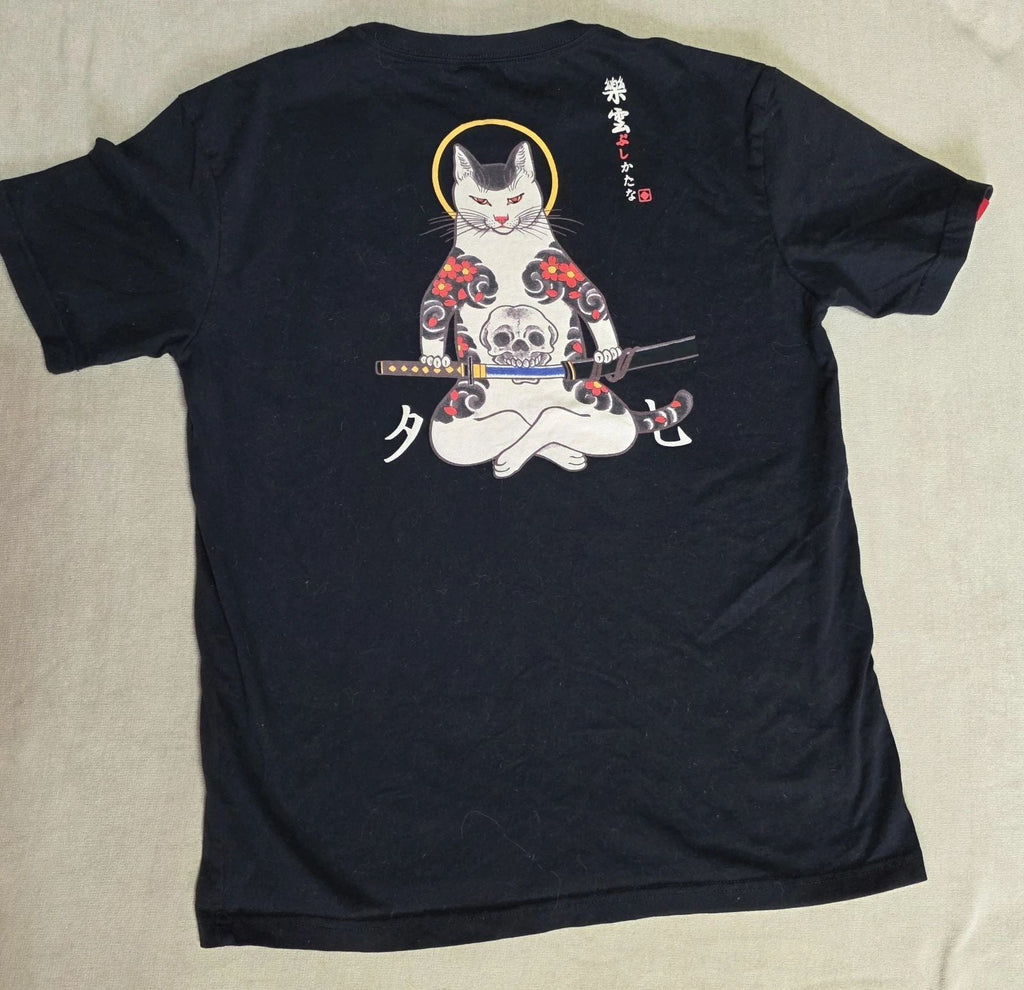 3XL Samurai Cat T- Shirt Embroidered Divine Irezumic Warrior Streetwear Kitsune Unisex