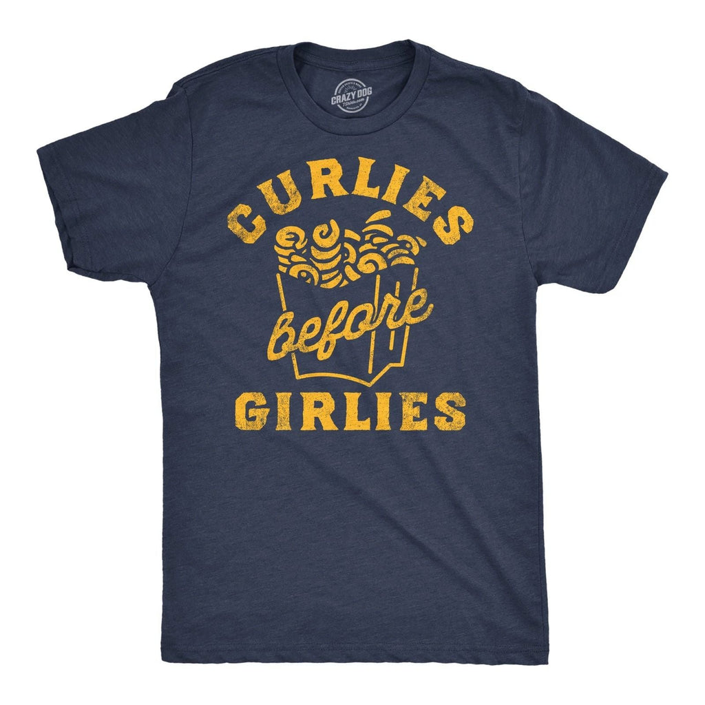 Mens Funny T Shirts Curlies Before Girlies Sarcastic Curly Fries Graphic Tee for Unisex