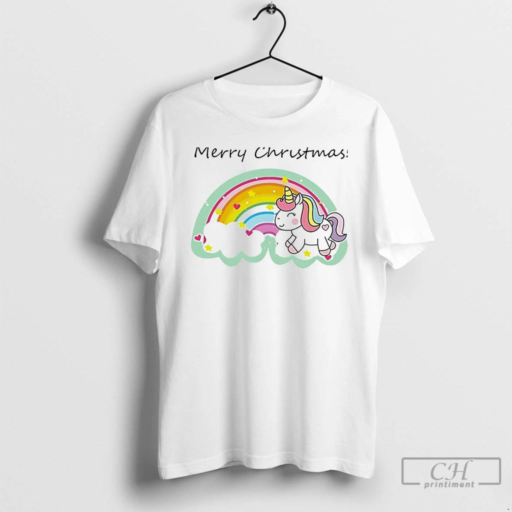 Classic Rainbow Unicorn Merry Christmas Cloud Magic White T Shirts Unisex