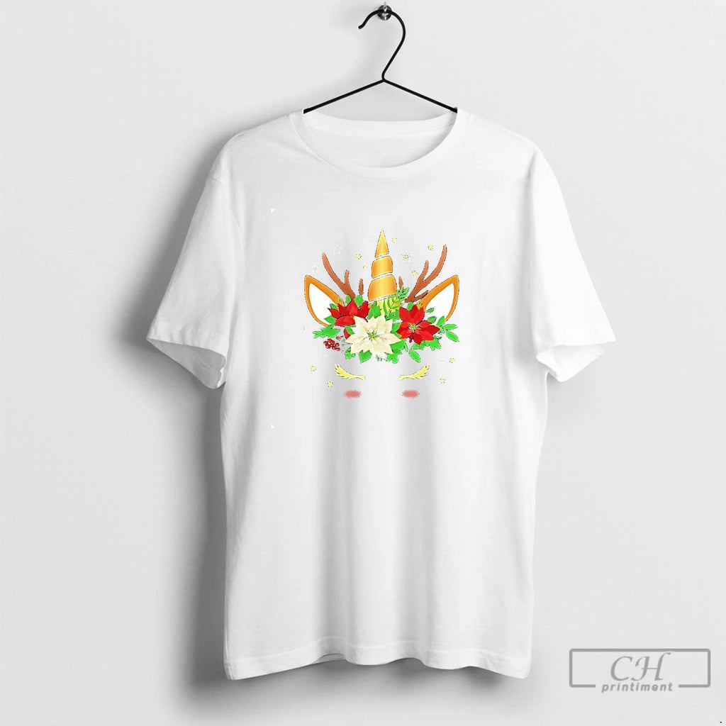 Classic Floral Antler Unicorn Christmas Lights T Shirts Unisex