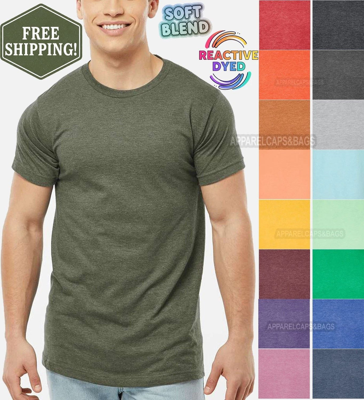 Mens Heathered Tee Soft Blended Fine Jersey Reactive Dyed XS-5XL NEW! Unisex