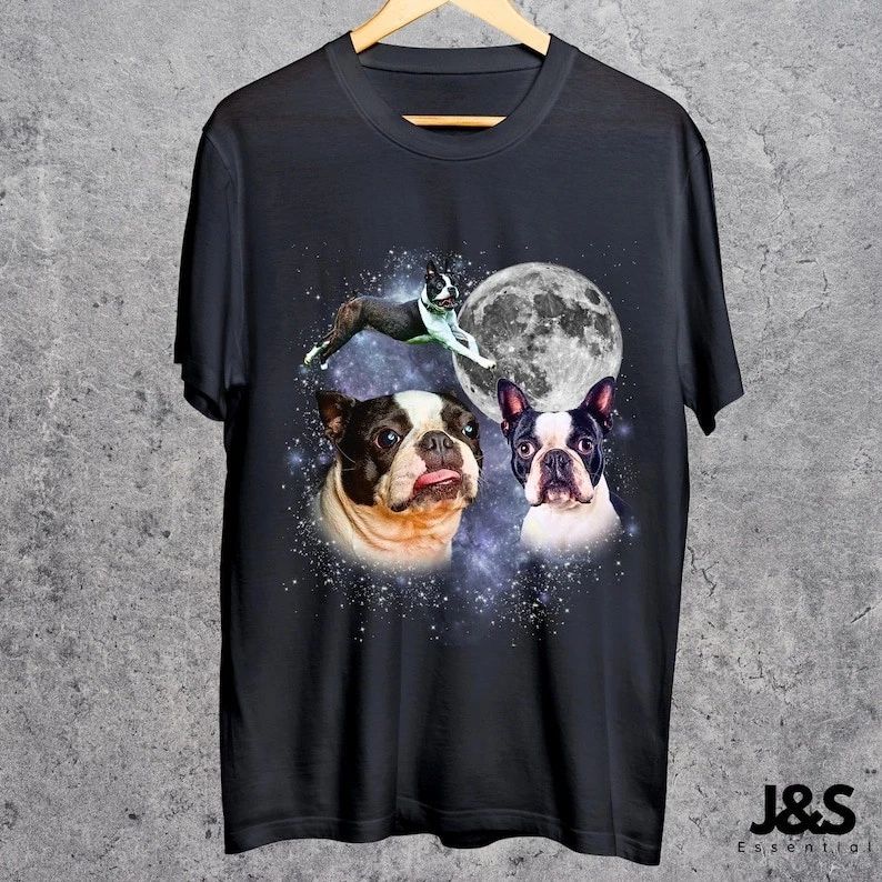 Three Boston Terrier Moon Shirt, Boston Terrier Galaxy Tee, Space Dog Lovers Top Unisex