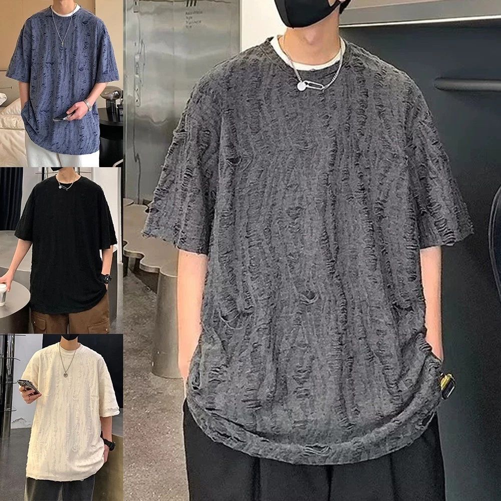 Trendy Men's Distressed Ripped Short Sleeve T Shirt for Warm Weather Activities Unisex