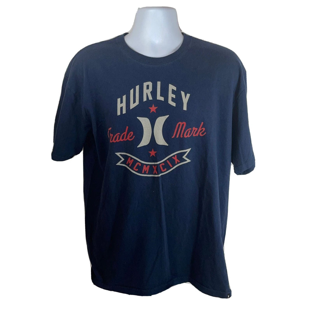 HURLEY T SHIRT Mens XL Navy Blue Logo Surfing Brand Front Graphic Trade Mark EUC Unisex