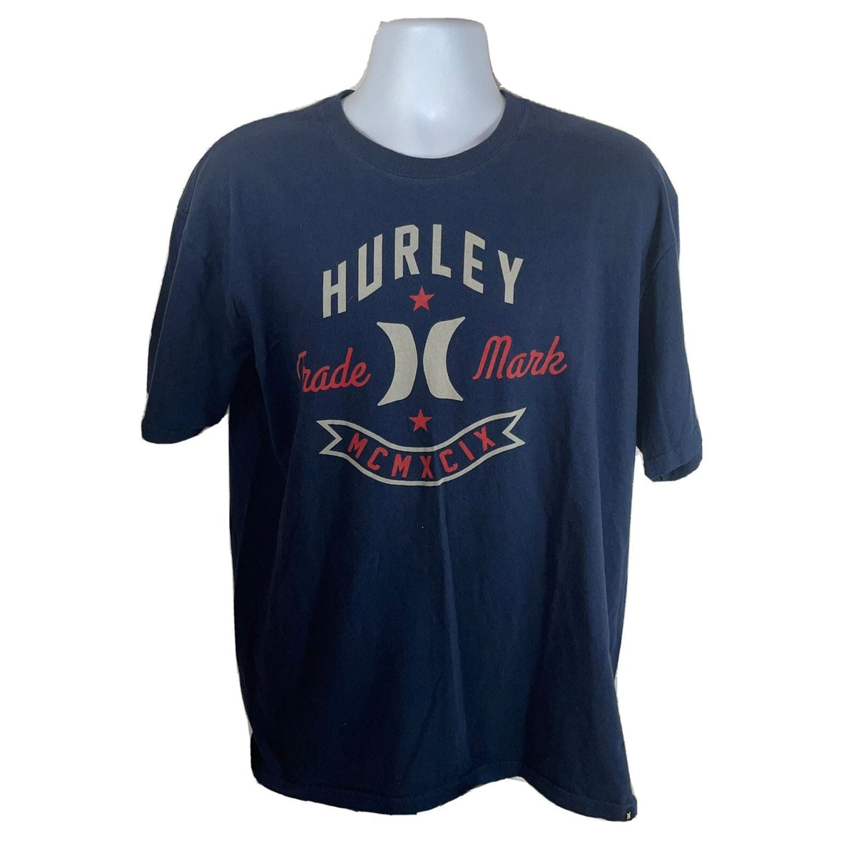 HURLEY T SHIRT Mens XL Navy Blue Logo Surfing Brand Front Graphic Trade Mark EUC Unisex