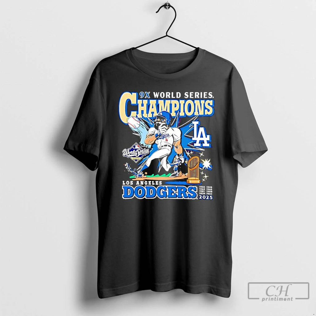 Classic Los Angeles Dodgers 9 Time World Series Champions 2025 Caricature T Shirts Unisex