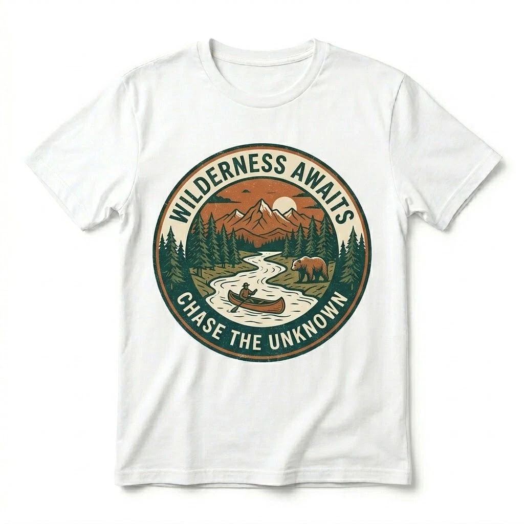 Wilderness Awaits Chase The Unknown Mountain Bear Canoe Vintage Nature T Unisex