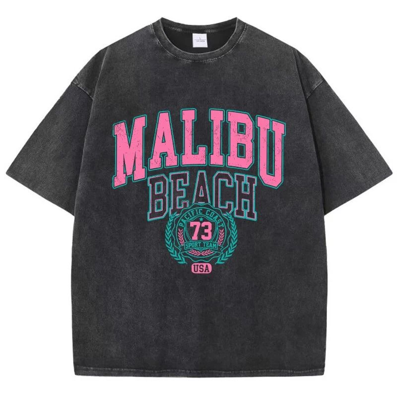 Malibu Beach Acid Washed Graphic Cotton Streetwear Surf Tee Y2K XS-2XL 7 Colors Unisex